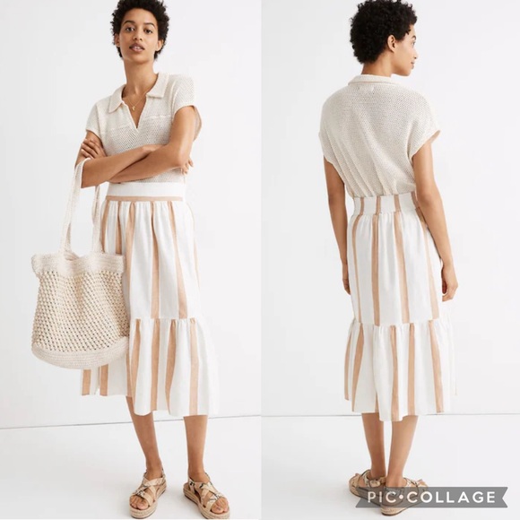 Madewell Linen Cotton Blend Ruffle Hem Bold Stripe Striped Midi Skirt